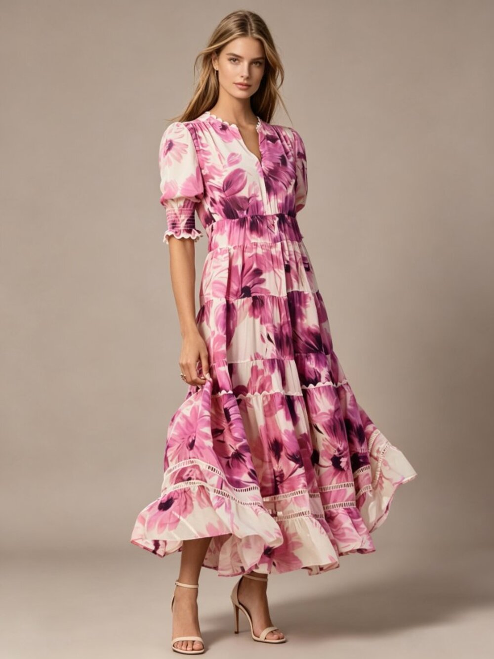 $598 NWOT JOHNNY WAS Jade Silk Blend Floral Ruffles Tiered Midi DRESS Size XS